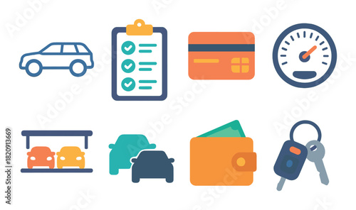 Car maintenance icons featuring vehicle wallet speedometer and keys on dark background