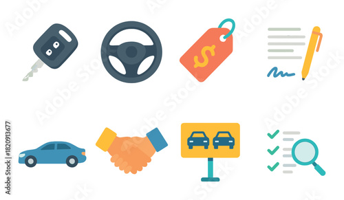 Car dealership icons: steering wheel, price tag, agreement, vehicle inspection