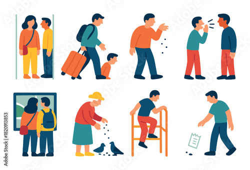 Colorful illustrations of people in various everyday situations