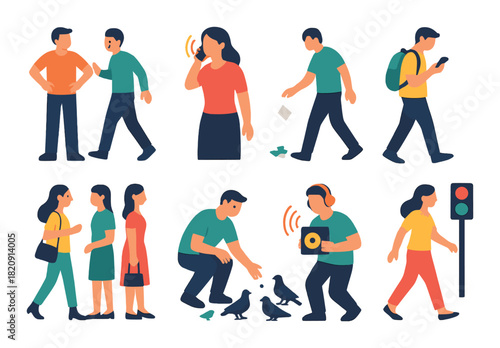 Flat design illustration of people in urban scenes engaged in various activities