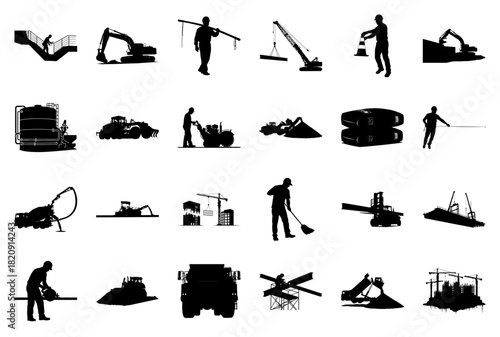Construction Industry Silhouettes of Workers and Heavy Equipment Keywords: construction