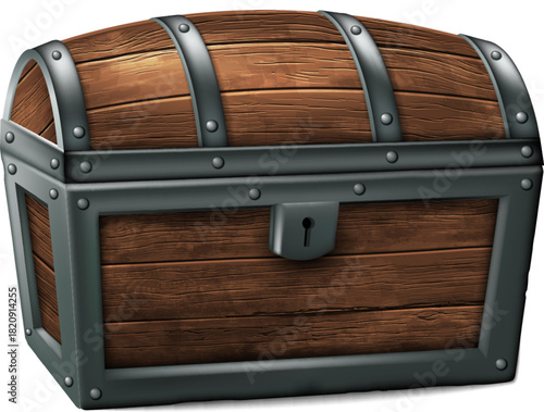 An antique wooden chest, forged with iron, on a white background. High detailed realistic illustration.