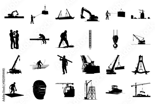 Construction Site Silhouettes With Heavy Machinery And Workers