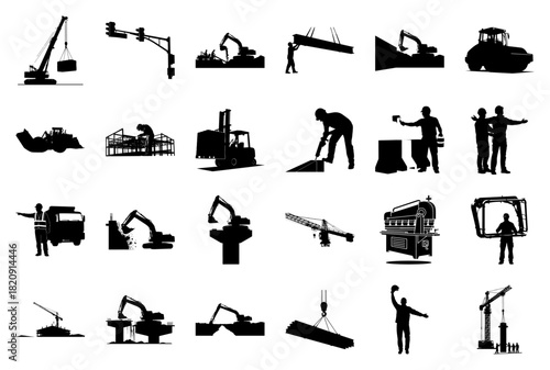 Construction Site Silhouettes with Machinery and Workers Keywords: construction, industry