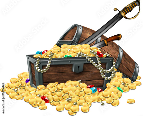 Wooden antique chest  full of gold coins, jewelry, weapon. Realistic illustration.