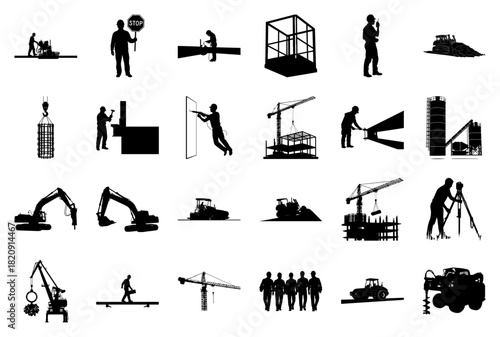 Construction Site Silhouettes with Machinery and Workers Keywords: construction, building