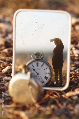 Surreal reflection of time and a young man looking into the infinite future