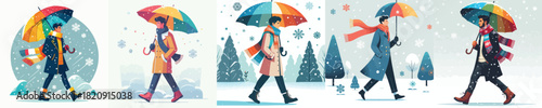 man walking with umbrella in snowy atmosphere