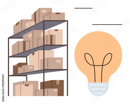 Storage racks filled with cardboard boxes alongside a glowing light bulb. Ideal for logistics, organization, innovation, efficiency, supply chain, warehouse management, simple flat metaphor