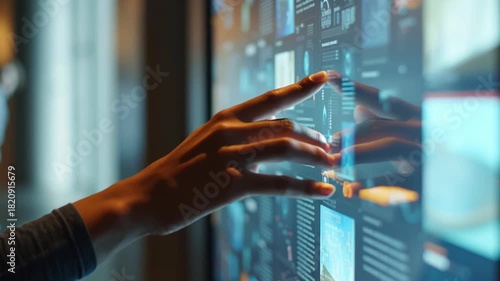 Digital workload interface digital workforce impact touchscreen hand interacting with data analytics dashboard interface technology interaction