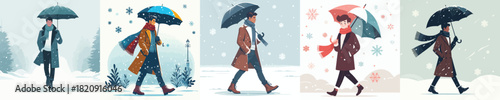 man walking with umbrella in snowy atmosphere