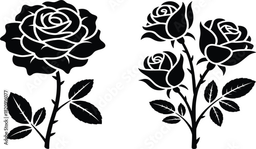 Elegant Rose Flower Silhouette Set, Monochrome Black and White Decorative Design, Romantic Floral Ornament Border Element, Classic Vector Stencil Clipart