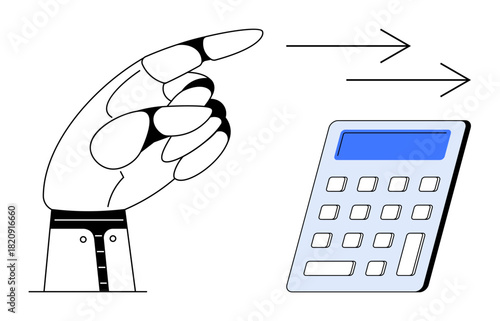 Robotic hand pointing to a calculator with directional arrows, emphasizing automation, calculations, and accuracy. Ideal for finance, technology, AI, robotics, innovation efficiency simple flat