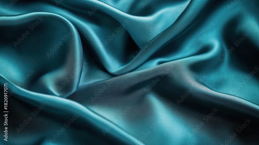 Fototapeta premium Teal color stylish stock photo of elegant draped silky fabric background. Luxurious textile material texture for fashion design.