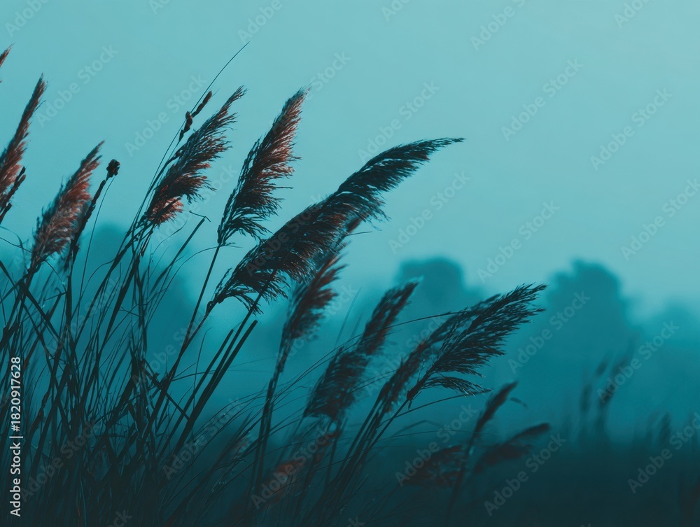 Fototapeta premium Teal color stylish nature backdrop with tall grass in a field, creating an atmospheric and serene scene for conceptual design.