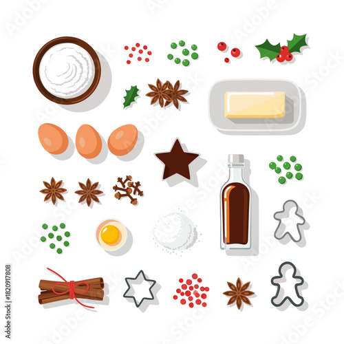Christmas holiday baking ingredients flat lay with eggs, spices, and decorations, , white background, isolated, vector