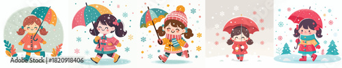 little girl walking with umbrella in snowy atmosphere