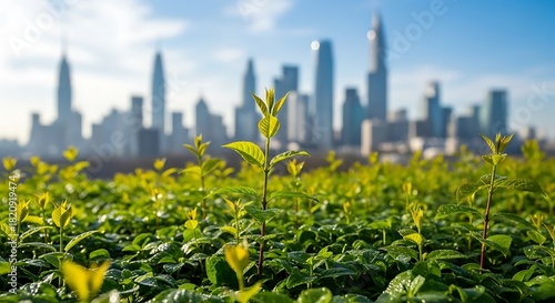 Young green plants thrive in an urban environment with a blurred city skyline backdrop on a bright clear day