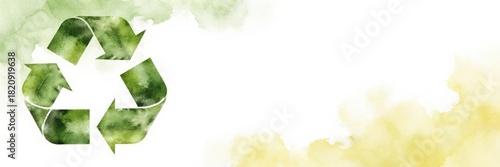 Green recycling symbol with a watercolor texture. Ecology and environmental conservation concept. Sustainable background banner with copy space for text