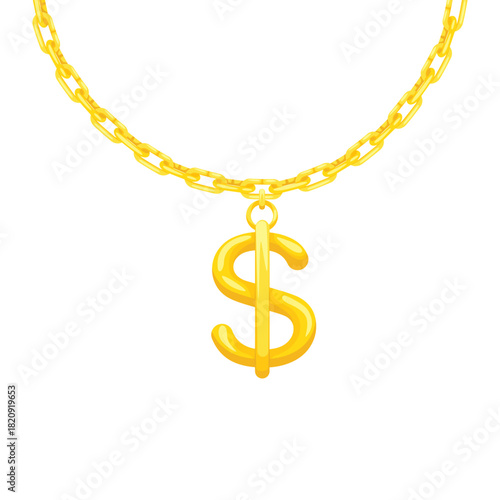 Gold chain with a dollar pendant, chain with dollar symbol. Jewelry dollar on chain necklace.
