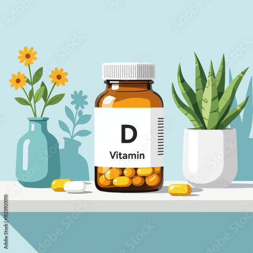 Vitamin D supplement bottle with capsules on a shelf. Flat design graphic for health and wellness. Nutrition and dietary supplement concept