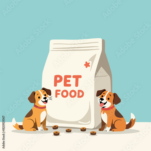 Two happy cartoon dogs with a bag of pet food. Flat design graphic for pet care and animal nutrition concepts. Cute puppies sitting next to a sack of kibble