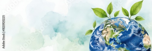 Illustration of green saplings growing on planet earth. Ecology, sustainability, and environmental protection concept on a watercolor background. Banner with copy space