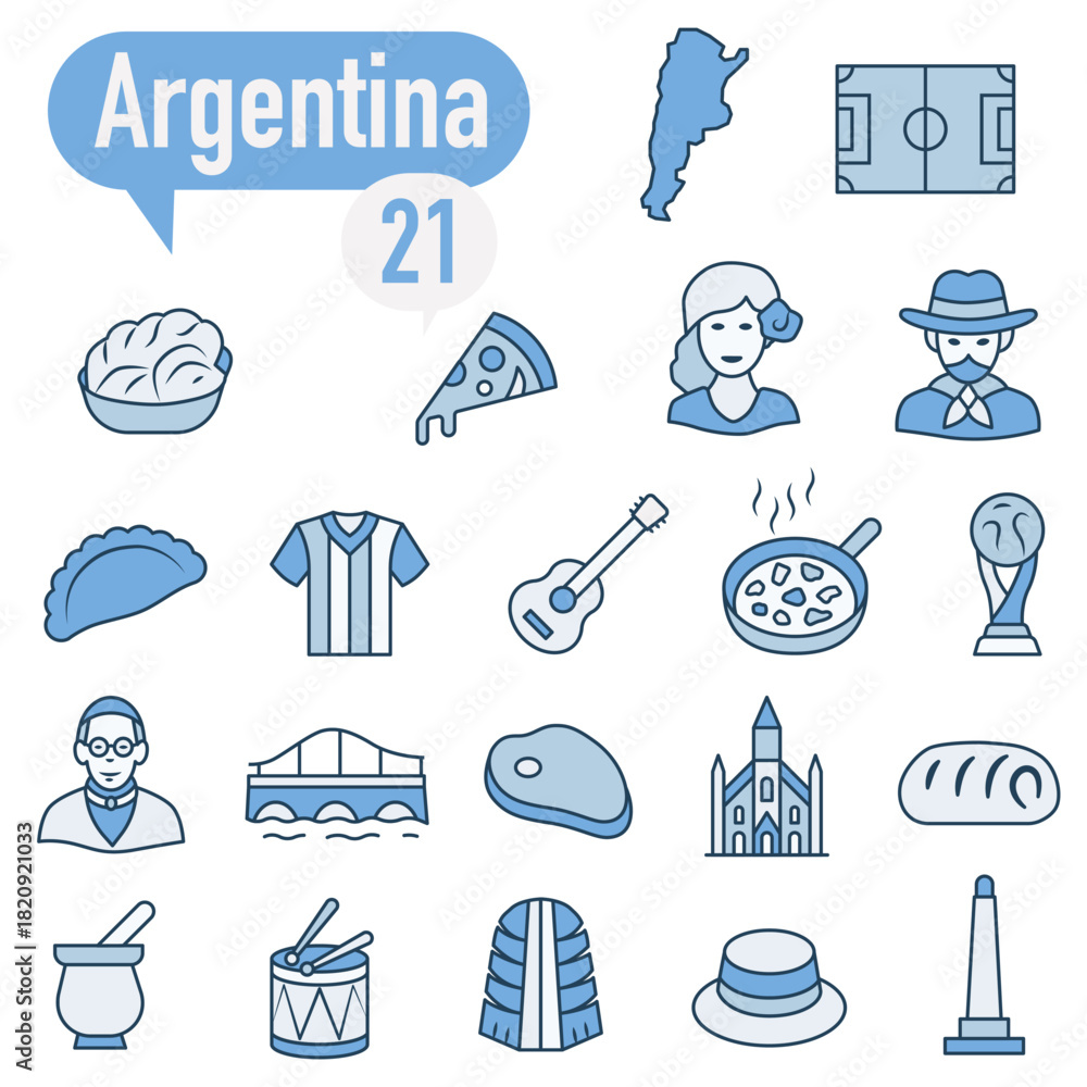 Fototapeta premium A set of icons in blue and white, dedicated to life in Argentina.