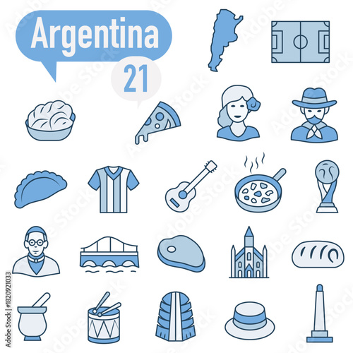 A set of icons in blue and white, dedicated to life in Argentina.