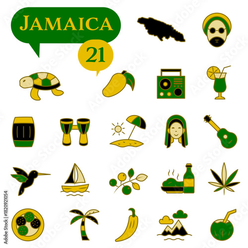 A set of icons in yellow and green colors dedicated to life in Jamaica.