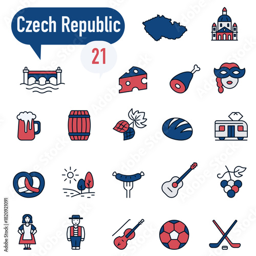 A set of icons in red and blue colors dedicated to life in the Czech Republic.
