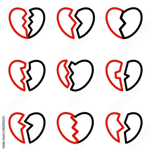 A broken heart made up of two halves, red and black, in outline style.