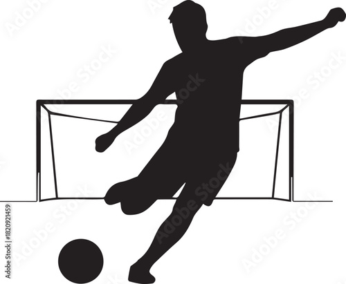 Dynamic silhouette of soccer player kicking ball towards goal during game