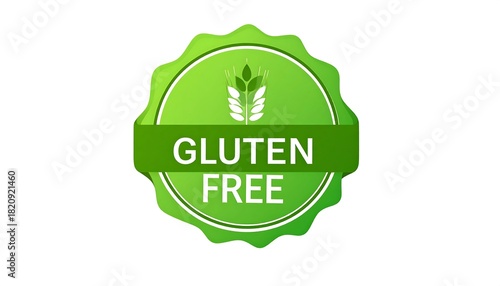 A green, circular emblem with 'GLUTEN FREE' text and wheat stalk. Isolated on white, conveying health and dietary concerns