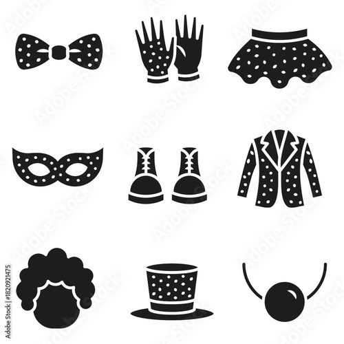 A set of silhouette icons of costumes and carnival accessories.
