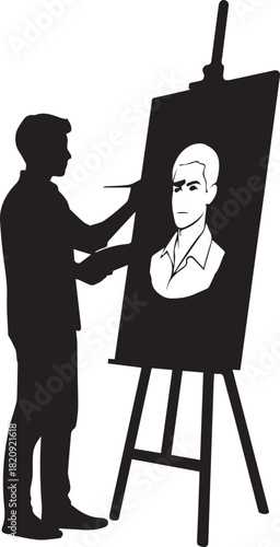 Artist silhouetted painting portrait on easel skillful creative hobbyist studio