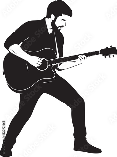 Energetic musician silhouetted playing acoustic guitar dynamic pose capturing musical performance