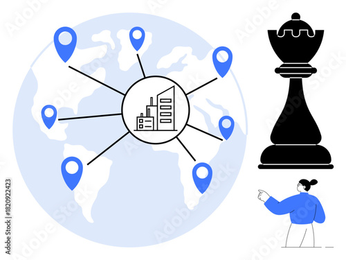 World map with location markers connected to a central business hub, symbolizing global networks. A chess rook and a figure pointing add elements of strategic planning. Ideal for global business