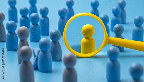 Yellow magnifying glass highlighting a single yellow figurine among blue and gray crowd, symbolizing targeted selection and individuality.