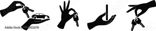Car key gestures, hand silhouettes, vehicle ownership, car rental concept, key exchange, approval sign, driving symbol, auto transaction, black icons, transportation theme, car handover, car purchase