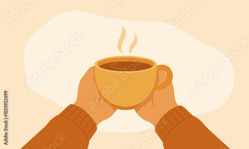Close-up of hands holding a warm cup of coffee in a cozy winter atmosphere. Calm moment, comfort and quiet relaxation at home.