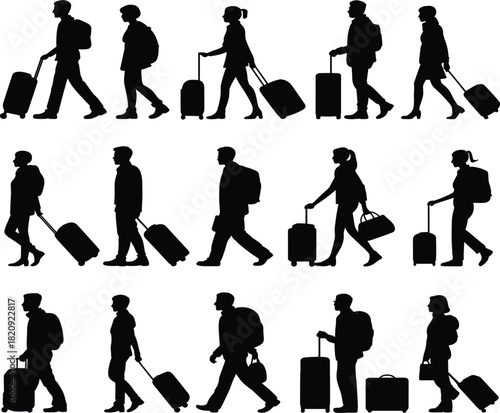 Set of Fifteen Traveler Silhouettes, Black Vector Graphic, People with Luggage Collection, Airport Vacation Journey and Business Trip Design Illustration