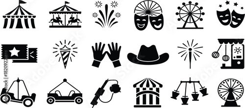 Set of Eighteen Carnival and Amusement Park Icons, Black Glyph Silhouette Collection, Circus Fairground Entertainment Recreation Event Vector Graphic Elements