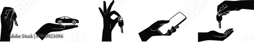 Car key, hand gesture, car ownership, mobile transaction, vehicle transfer, silhouette icon, auto service, smartphone, dealership, rental, transportation, driving, technology