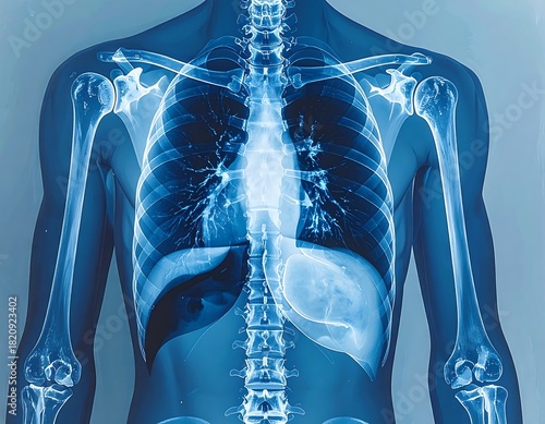 A blue-toned xray image displays a human upper body, revealing bones and internal organs of the torso