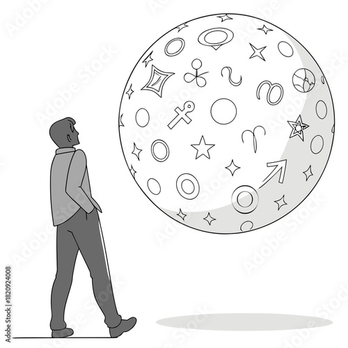 Man gazes up at a large moon filled with astrological symbols and celestial shapes