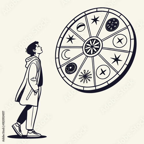 Young person looking up at a large celestial wheel with astrological symbols and cosmic elements