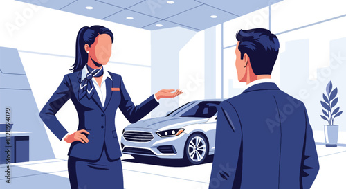 Car dealer presenting vehicle options to customer inside modern showroom. Ideal for automotive business ads, dealership promotions, sales brochures, and marketing visuals