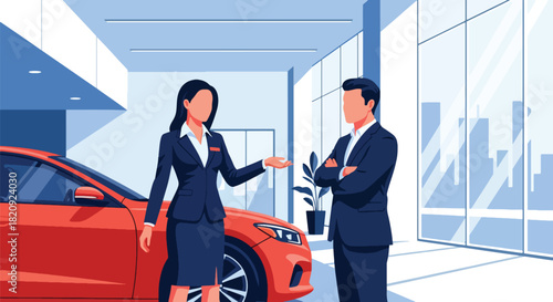 Car dealer presenting vehicle options to customer inside modern showroom. Ideal for automotive business ads, dealership promotions, sales brochures, and marketing visuals