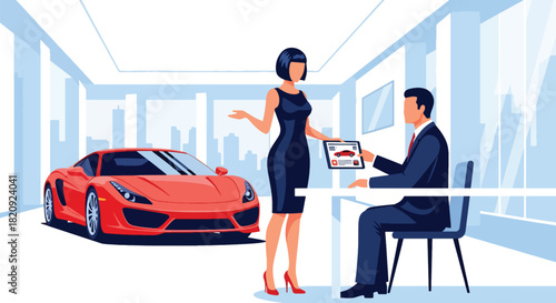 Car dealer presenting vehicle options to customer inside modern showroom. Ideal for automotive business ads, dealership promotions, sales brochures, and marketing visuals